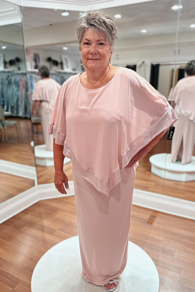 Pink Draped Sleeves Satin Long Mother of Bride Dress with Slit
