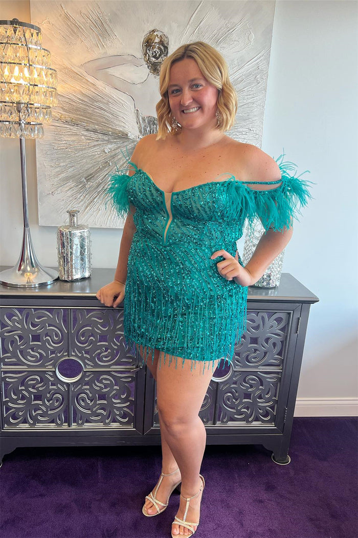 Hunter Green Off-the-Shoulder Sequined Tassels Homecoming Dress with Feathers