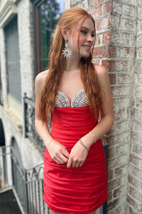 Red Beaded Strapless Pleated Sheath Homecoming Dress