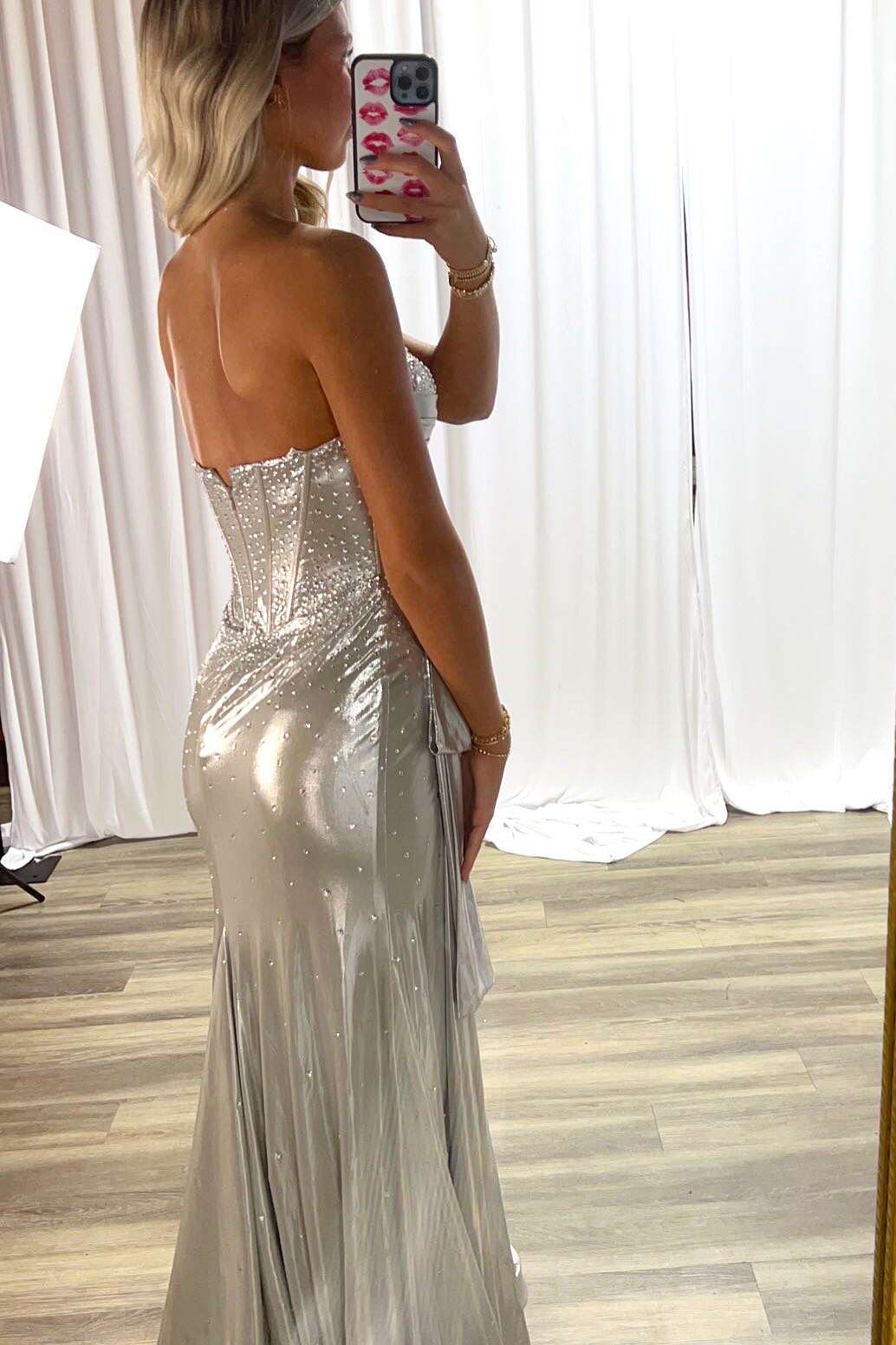 Beaded Silver Metallic Strapless Long Dress with Slit