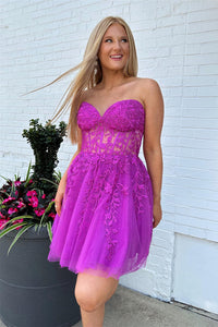 Red Strapless Appliques A-line Tulle Homecoming Dress