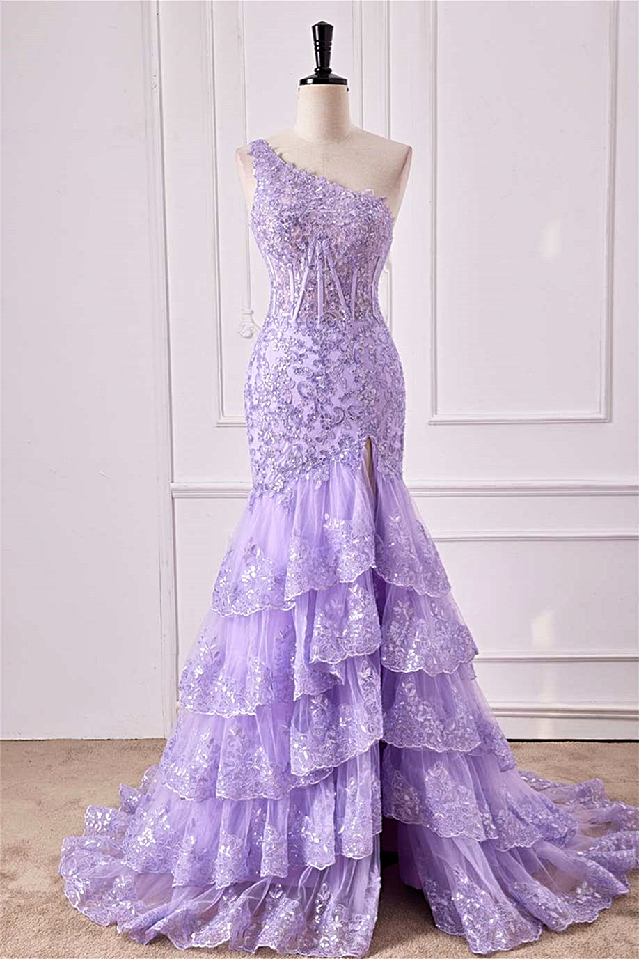 Lavender One Shoulder Floral Layers Mermaid Long Prom Dress with Slit