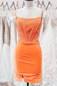 Orange Beaded Sheath Satin Straps Homecoming Dress