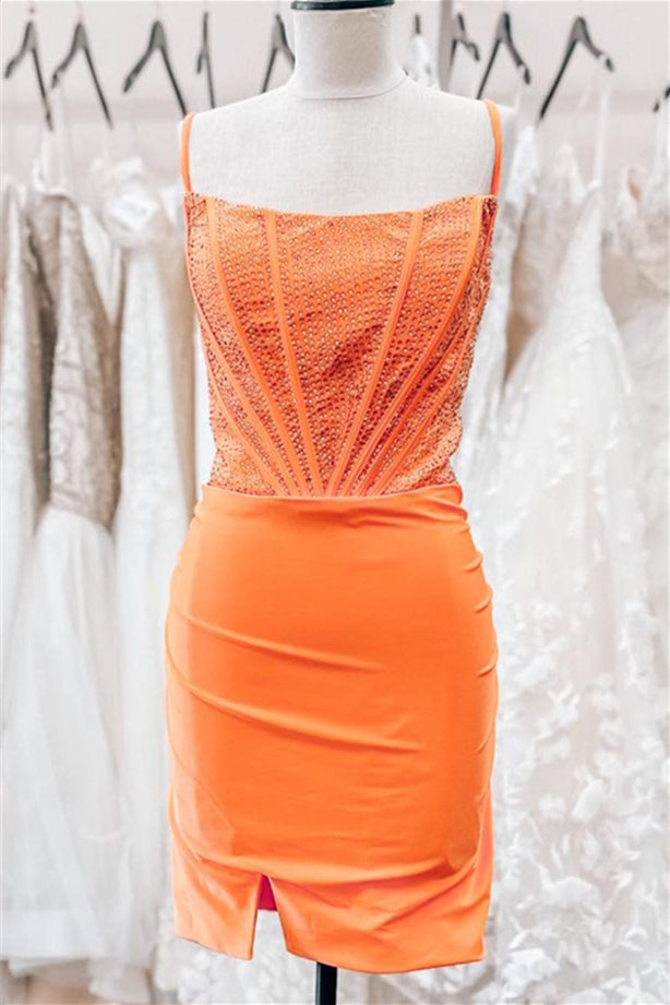 Orange Beaded Sheath Satin Straps Homecoming Dress