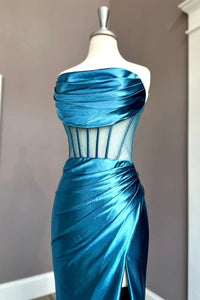 Blue Satin Strapless Pleated Mermaid Long Prom Dress with Slit