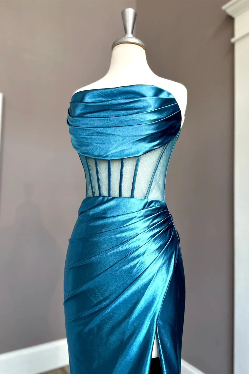 Blue Satin Strapless Pleated Mermaid Long Prom Dress with Slit