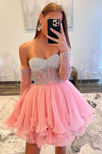 Pink Beaded Strapless A-line Ruffle Layers Homecoming Dress with Detachable Sleeves