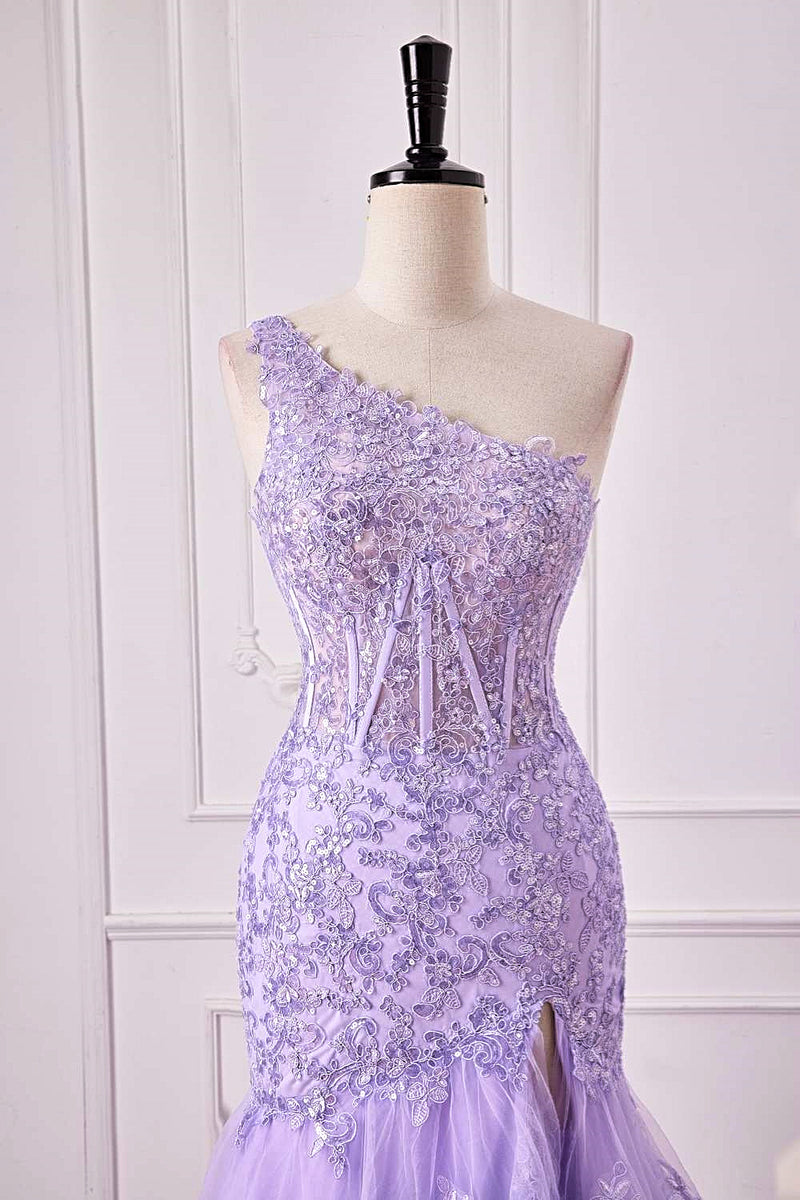 Lavender One Shoulder Floral Layers Mermaid Long Prom Dress with Slit