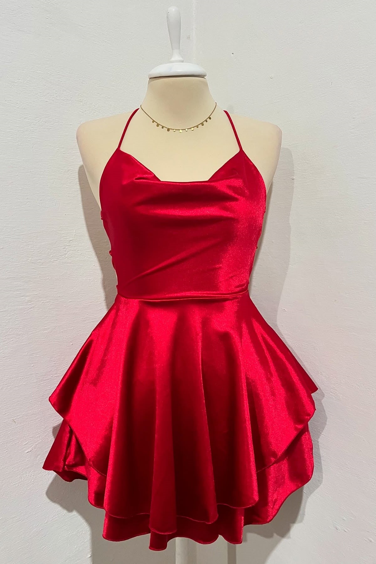 Spaghetti Strap Cowl Neck Tiered A-line Homecoming Dress