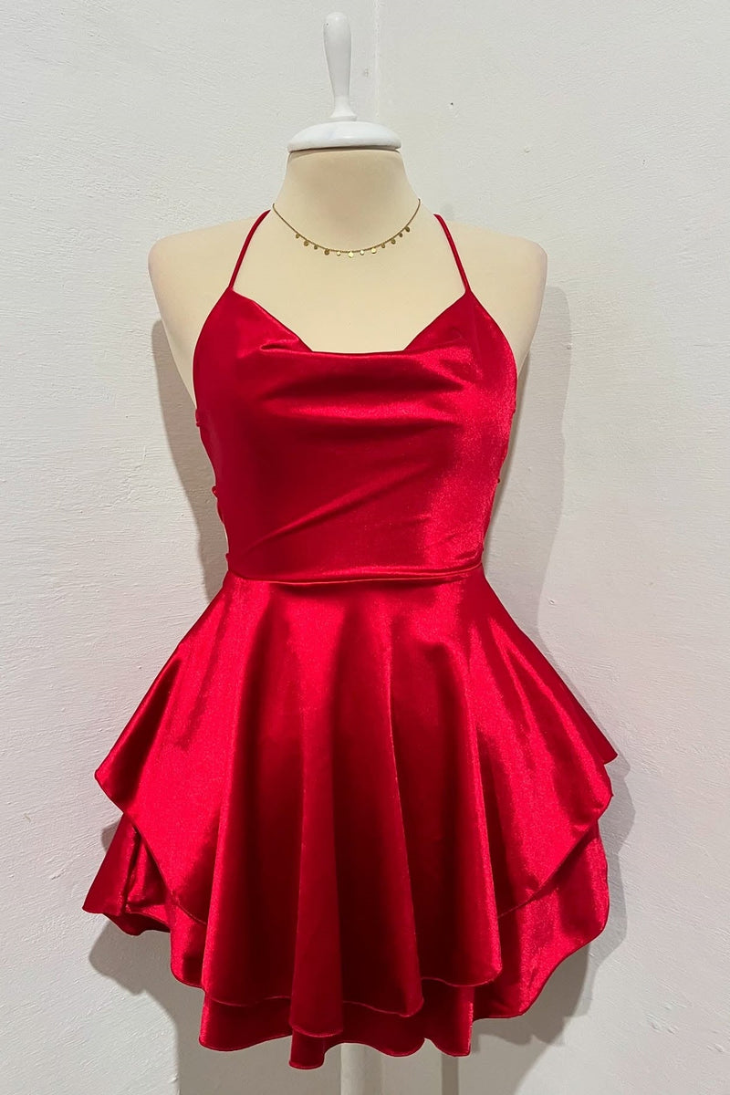 Spaghetti Strap Cowl Neck Tiered A-line Homecoming Dress