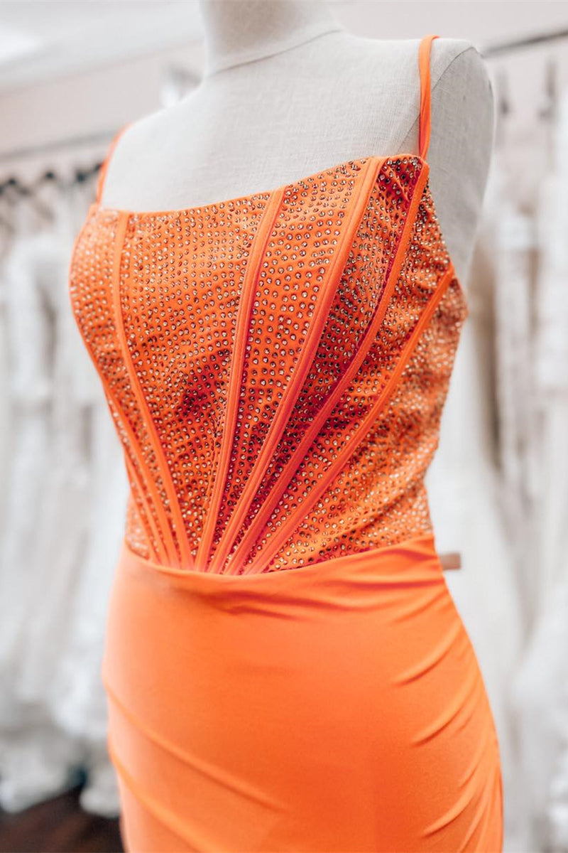 Orange Beaded Sheath Satin Straps Homecoming Dress