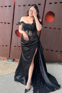 Black Off-Shoulder Mermaid Floral Rhinestones Long Prom Dress with Slit