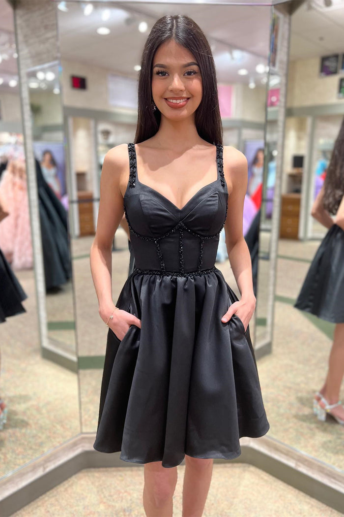 Black A-line Beaded Straps Satin Homecoming Dress