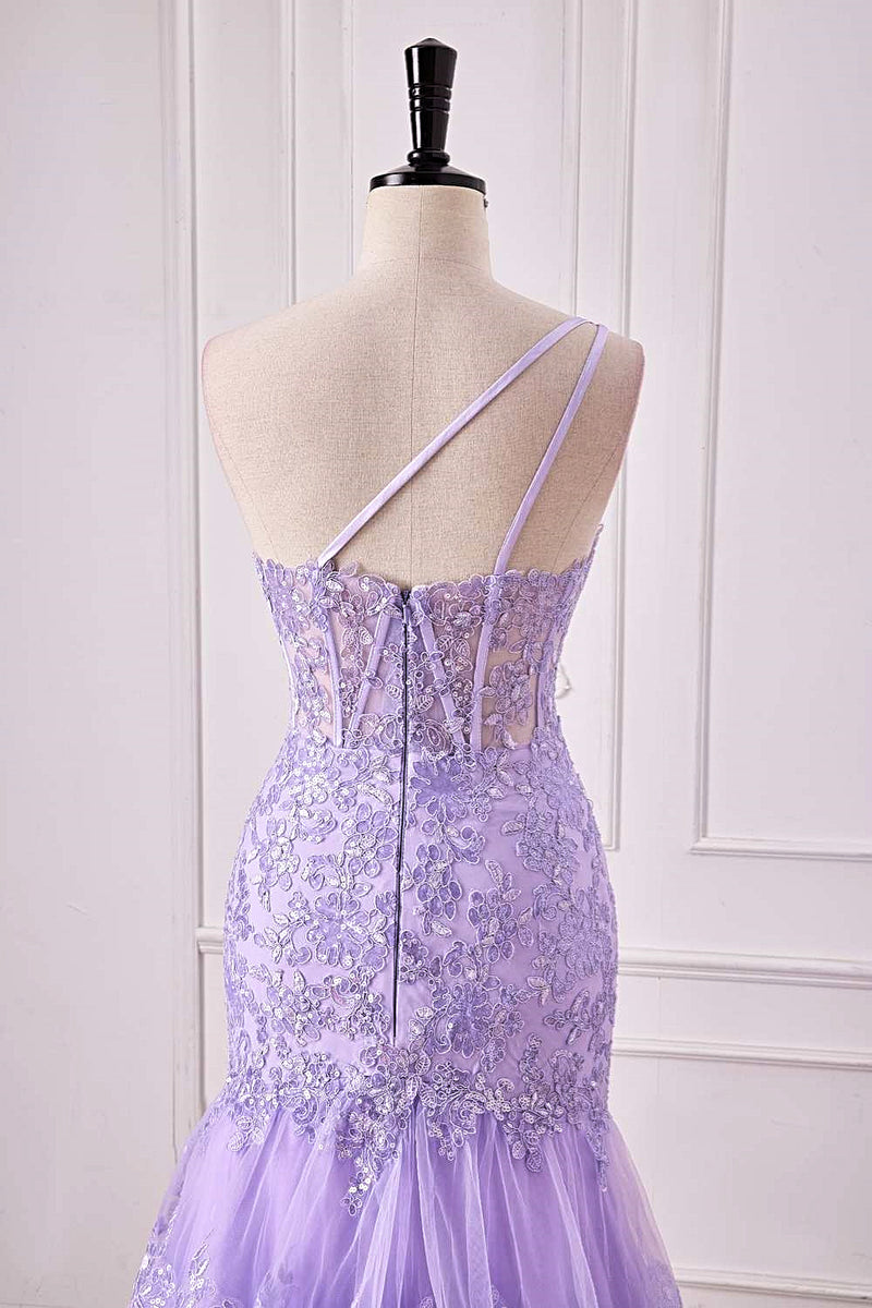 Lavender One Shoulder Floral Layers Mermaid Long Prom Dress with Slit