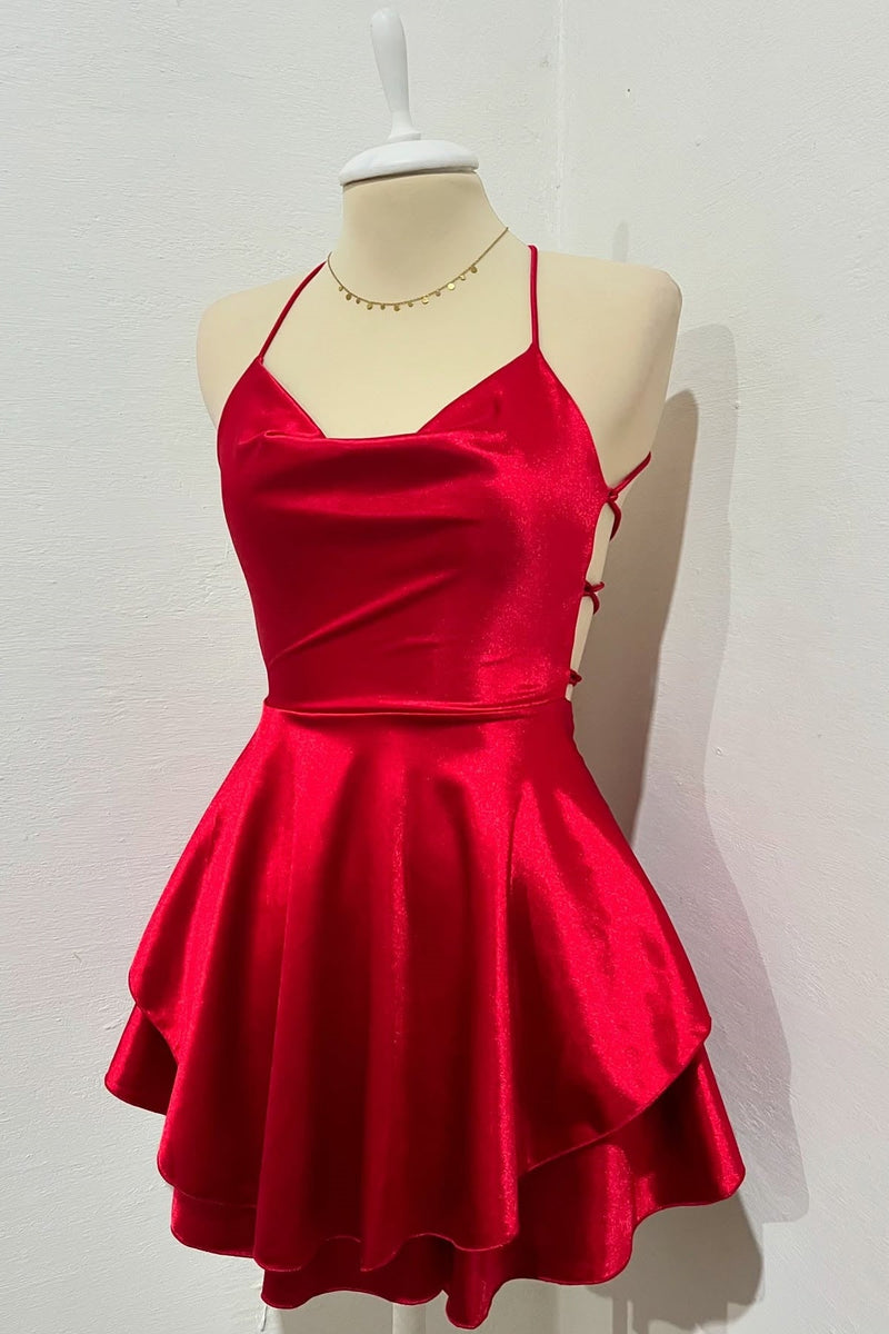 Spaghetti Strap Cowl Neck Tiered A-line Homecoming Dress