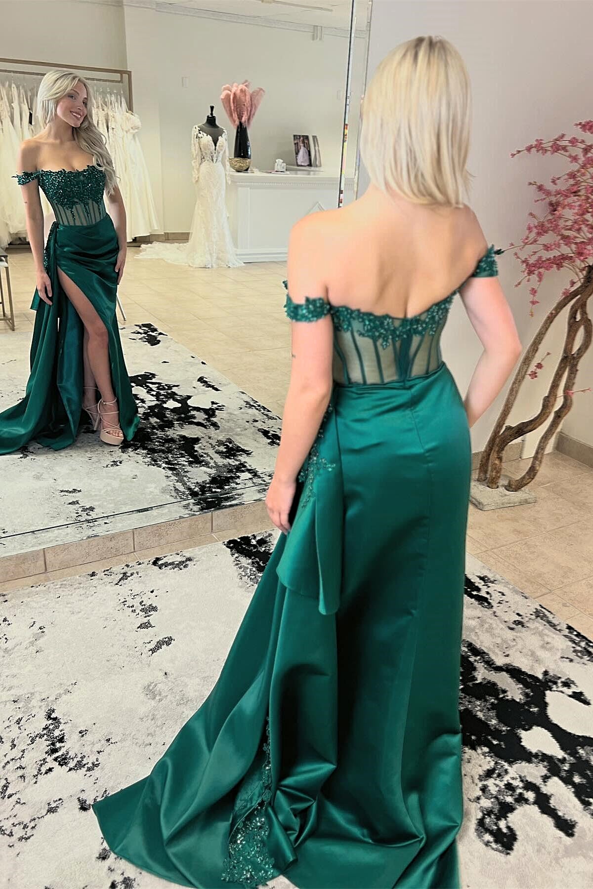 Hunter Green Off-Shoulder Mermaid Floral Rhinestones Long Prom Dress with Slit