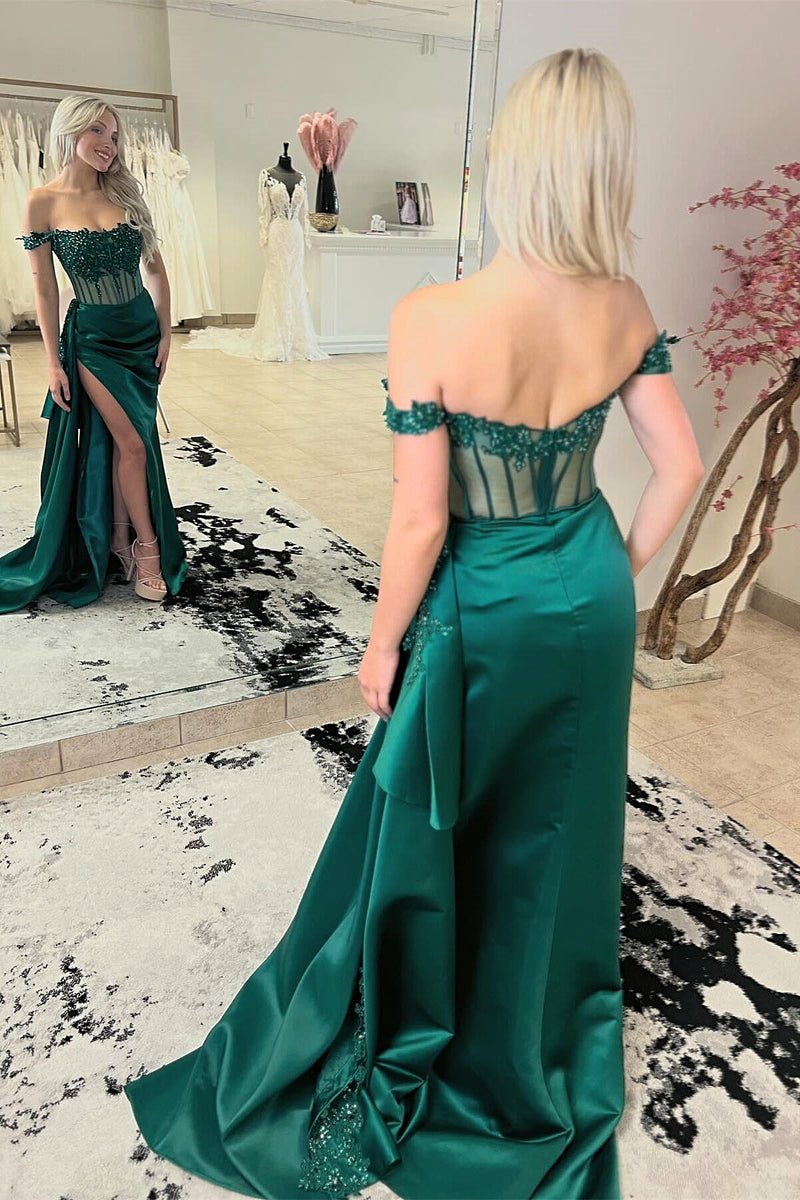 Hunter Green Off-Shoulder Mermaid Floral Rhinestones Long Prom Dress with Slit
