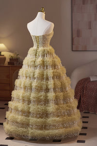 Golden Sweetheart Sequin Ruffle A-line Prom Gown