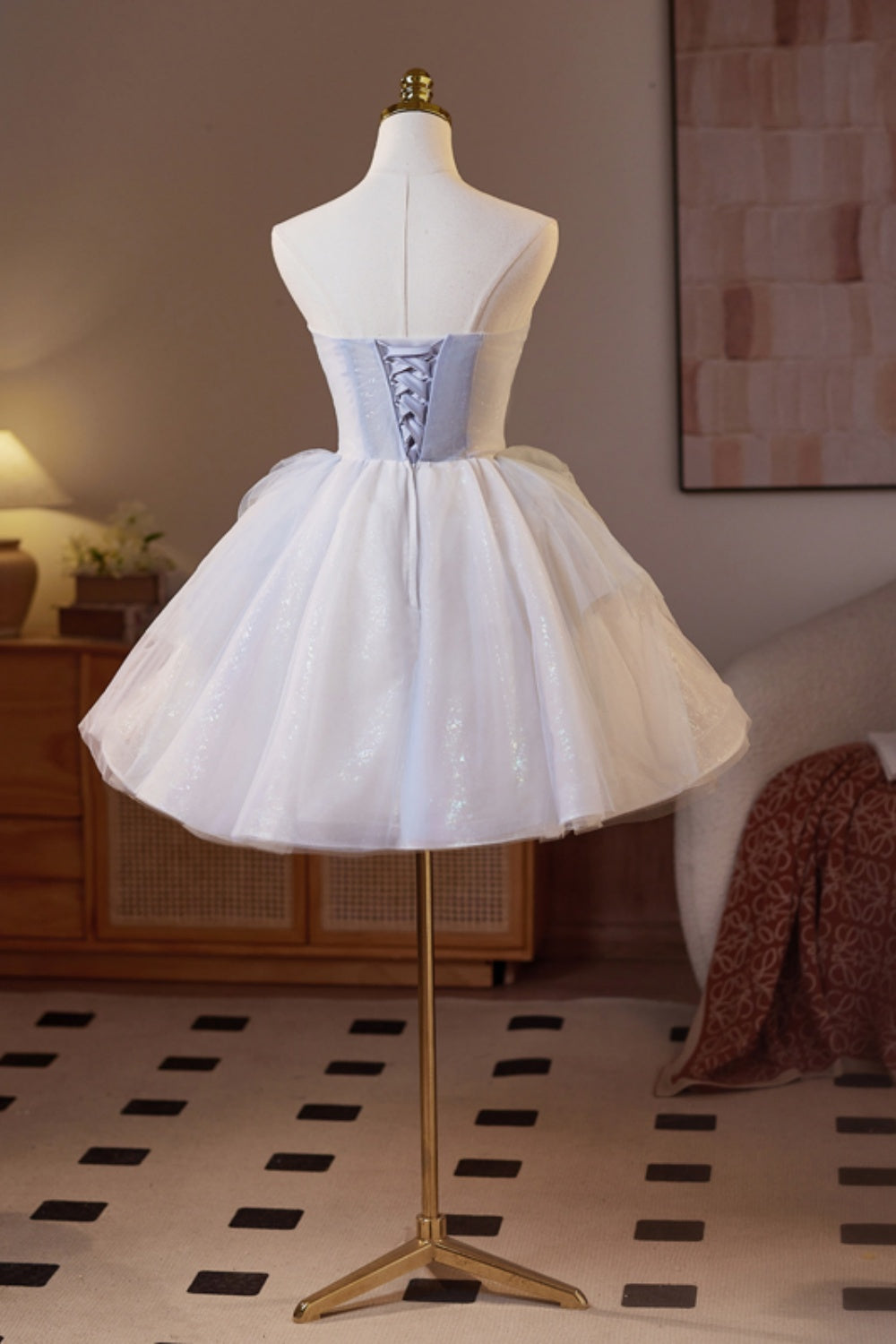 Strapless Blue Butterfly Patttern Short A-line Dress