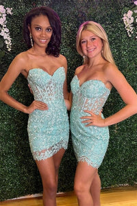 Spa Lace-Up Appliques Strapless Sheath Homecoming Dress