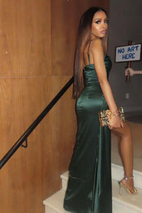 Spaghetti Straps Pink Fitted Long Party Dress with Slit