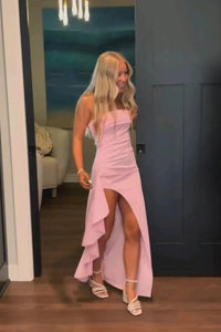 Strapless Pink Fitted Frill Slit Party Dress
