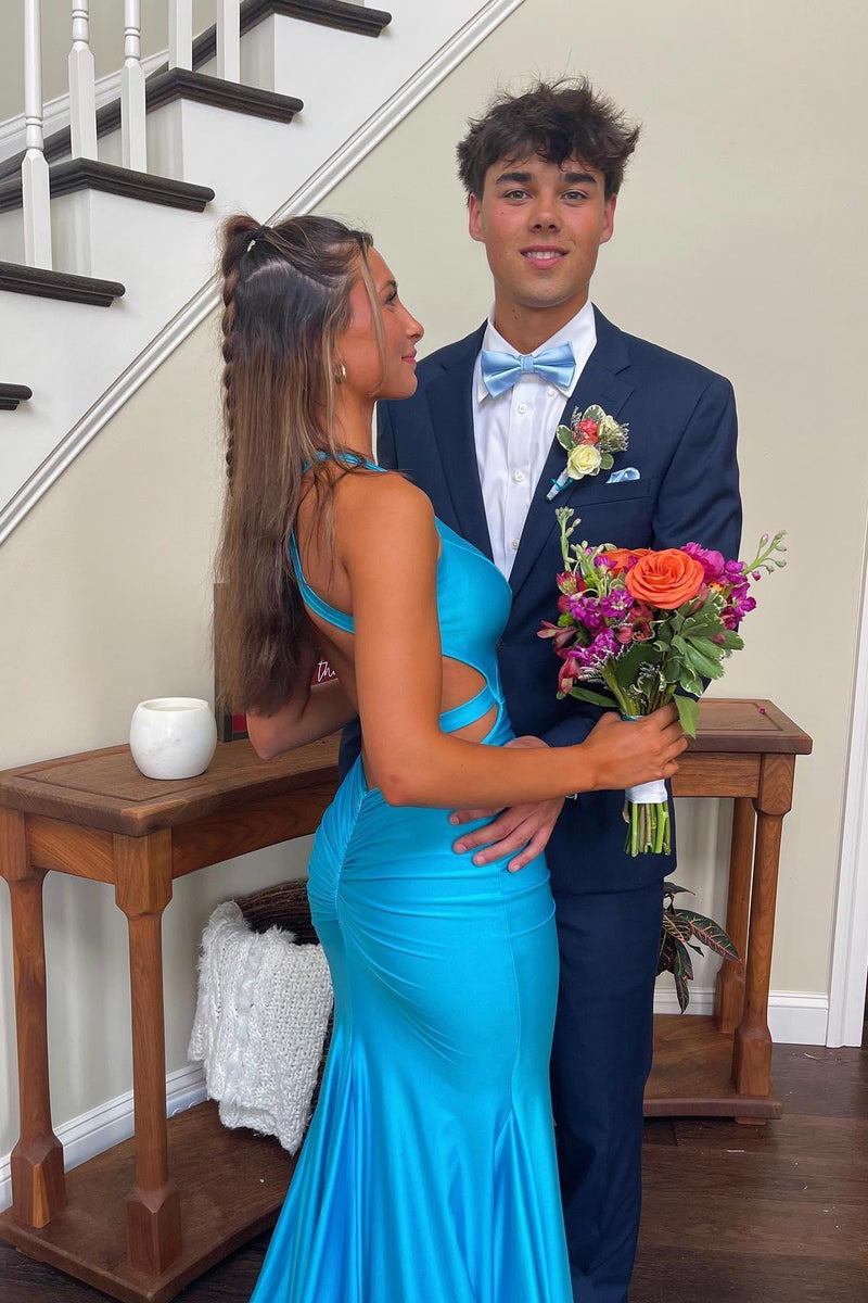 V Neck Blue Mermaid Long Formal Dress