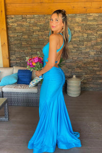V Neck Blue Mermaid Long Formal Dress