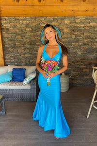 V Neck Blue Mermaid Long Formal Dress