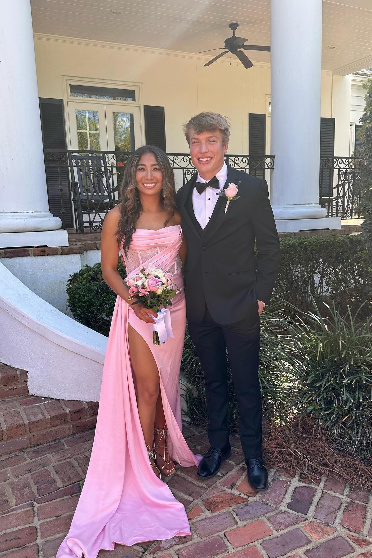 Strapless Pink Satin Fitted Long Formal Dress with Train