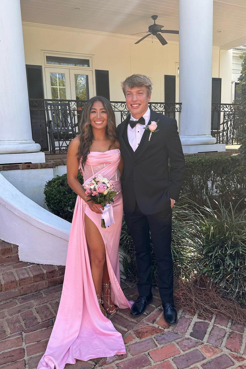 Strapless Pink Satin Fitted Long Formal Dress with Train