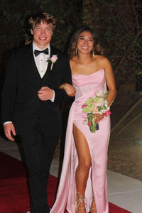 Strapless Pink Satin Fitted Long Formal Dress with Train