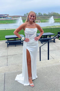 Strapless Pink Satin Fitted Long Formal Dress with Train