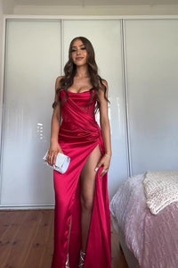 Strapless Pink Satin Fitted Long Formal Dress with Train