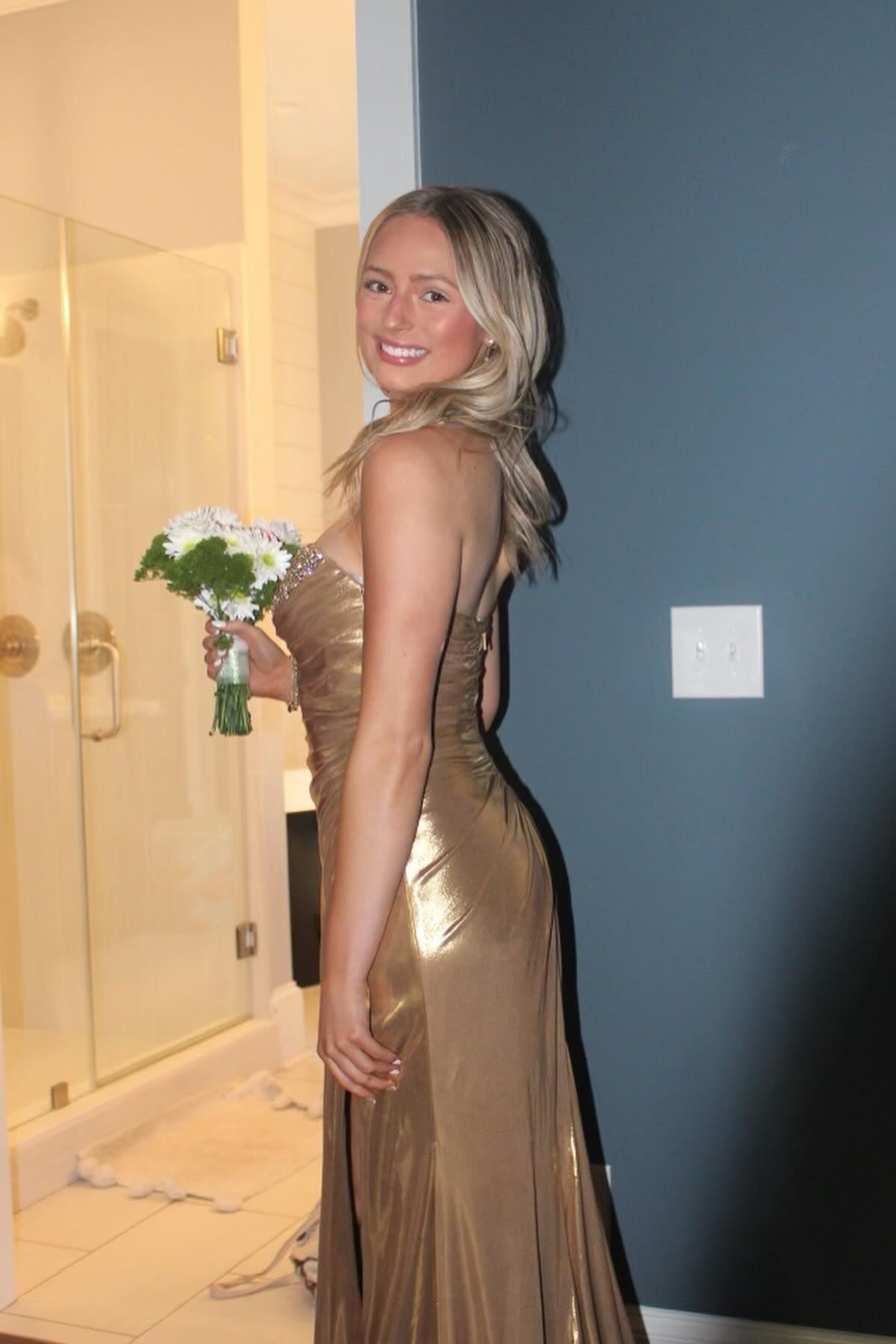 Beaded Silver Metallic Ruched Long Formal Dress