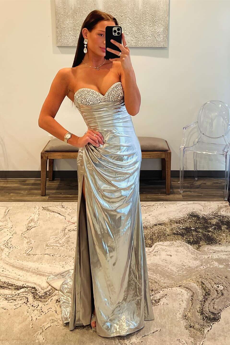 Beaded Silver Metallic Ruched Long Formal Dress