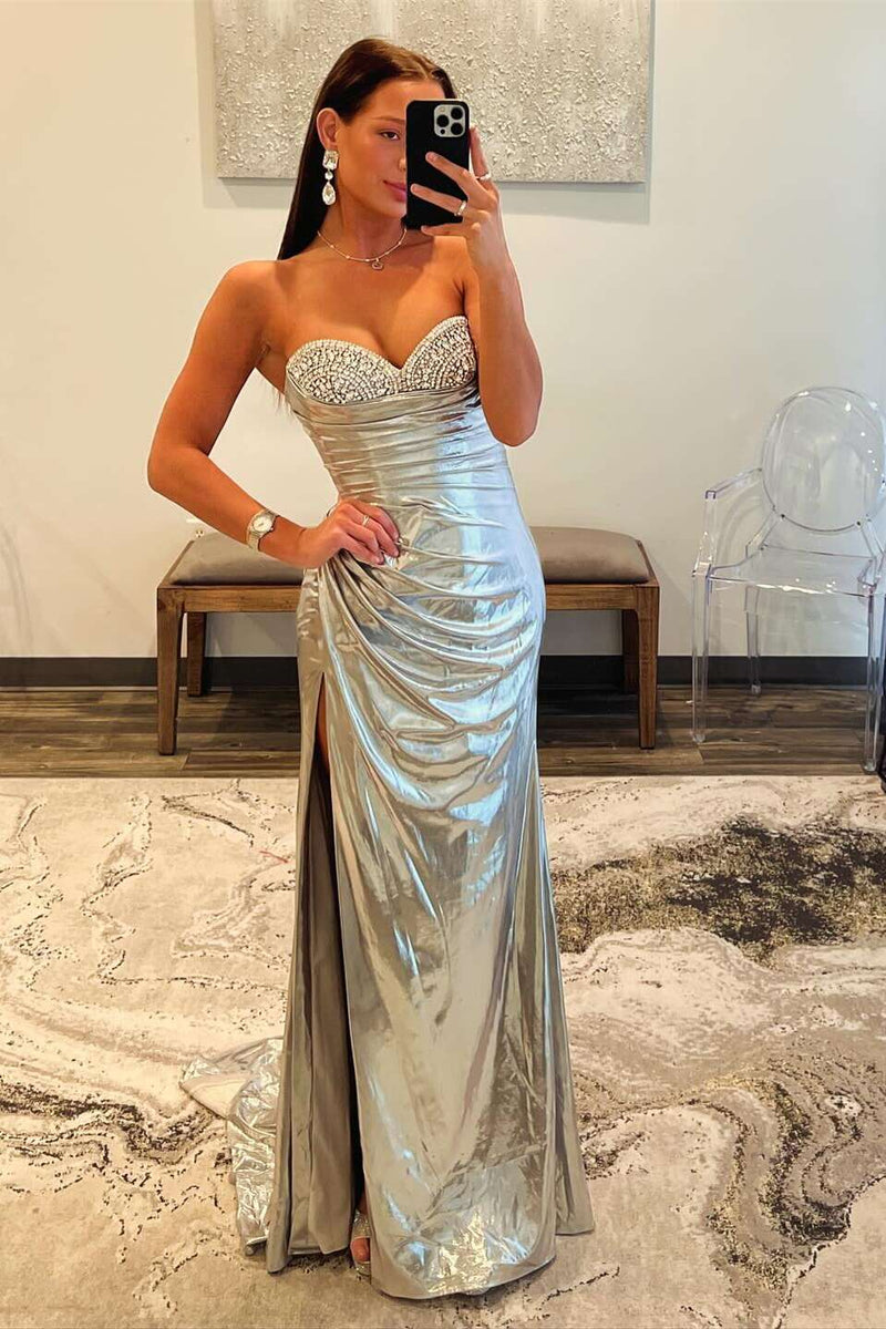 Beaded Silver Metallic Ruched Long Formal Dress