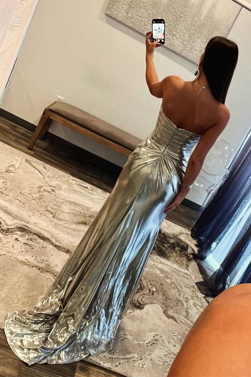 Beaded Silver Metallic Ruched Long Formal Dress