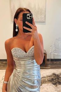 Beaded Silver Metallic Ruched Long Formal Dress