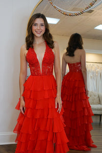 Halter Red Lace Appliques Chiffon Ruffle Prom Dress