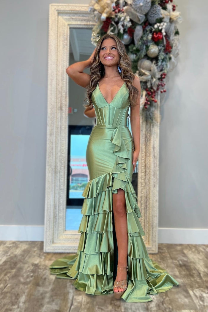 V Neck Sage Green Satin Ruffle Fitted Prom Dress