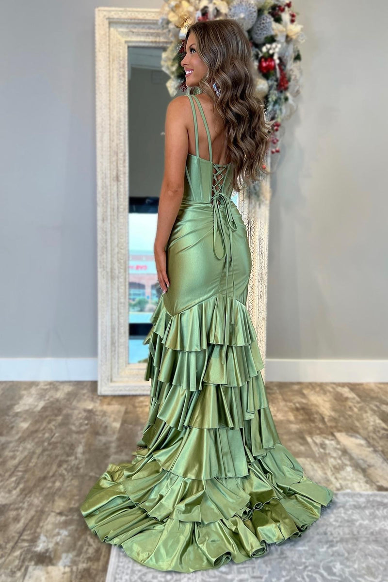 V Neck Sage Green Satin Ruffle Fitted Prom Dress