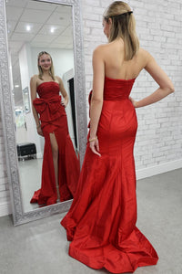 Strapless Red Fitted Long Formal Dress with Bow