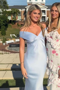 Off the Shoulder Aqua Silk Long Party Dress