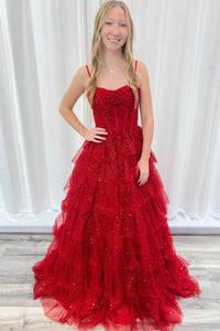 Spaghetti Straps Red Tulle Tiered Ruffle Ball Gown