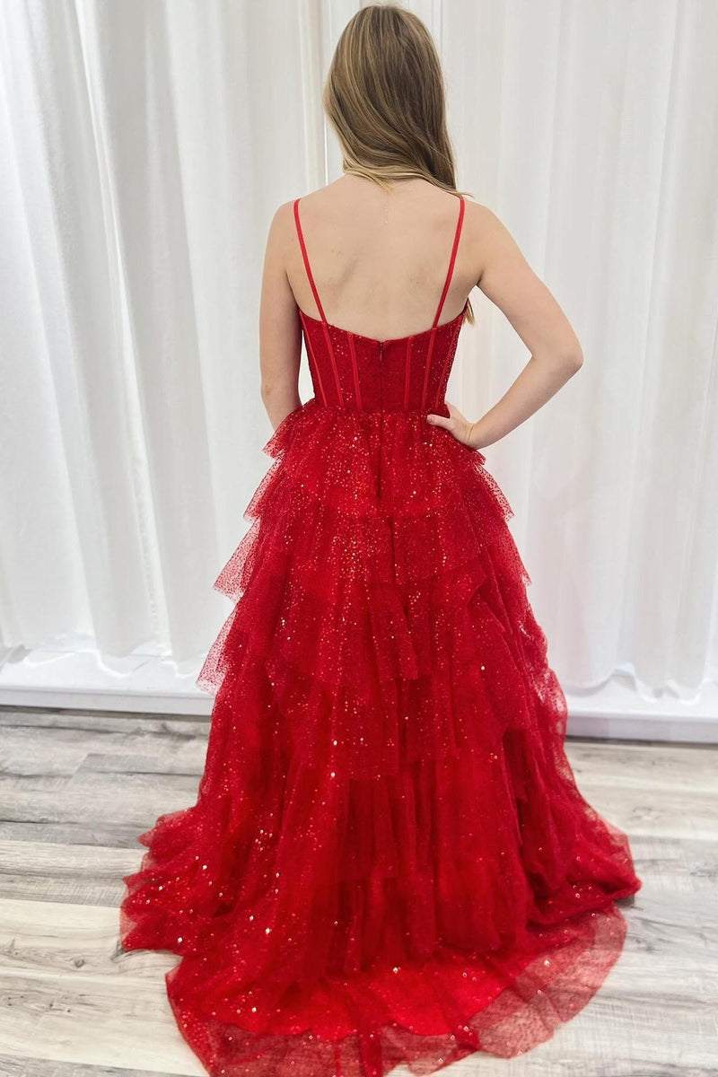 Spaghetti Straps Red Tulle Tiered Ruffle Ball Gown