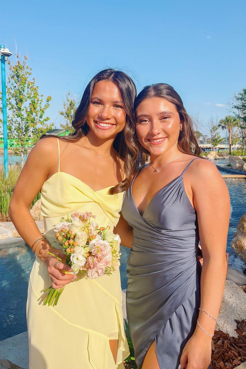 Straps Yellow Chiffon Ruffle Party Dress