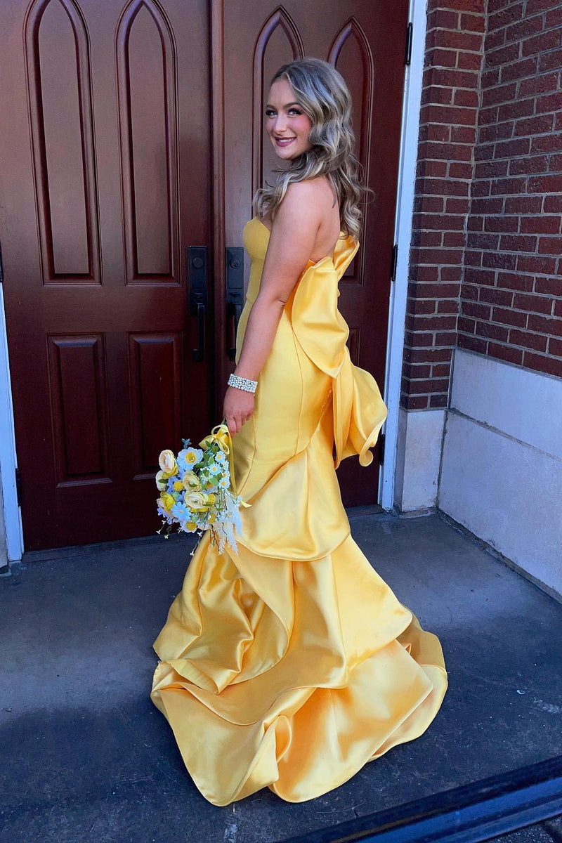 Strapless Yellow Mermaid Long Formal Dress with A Bow