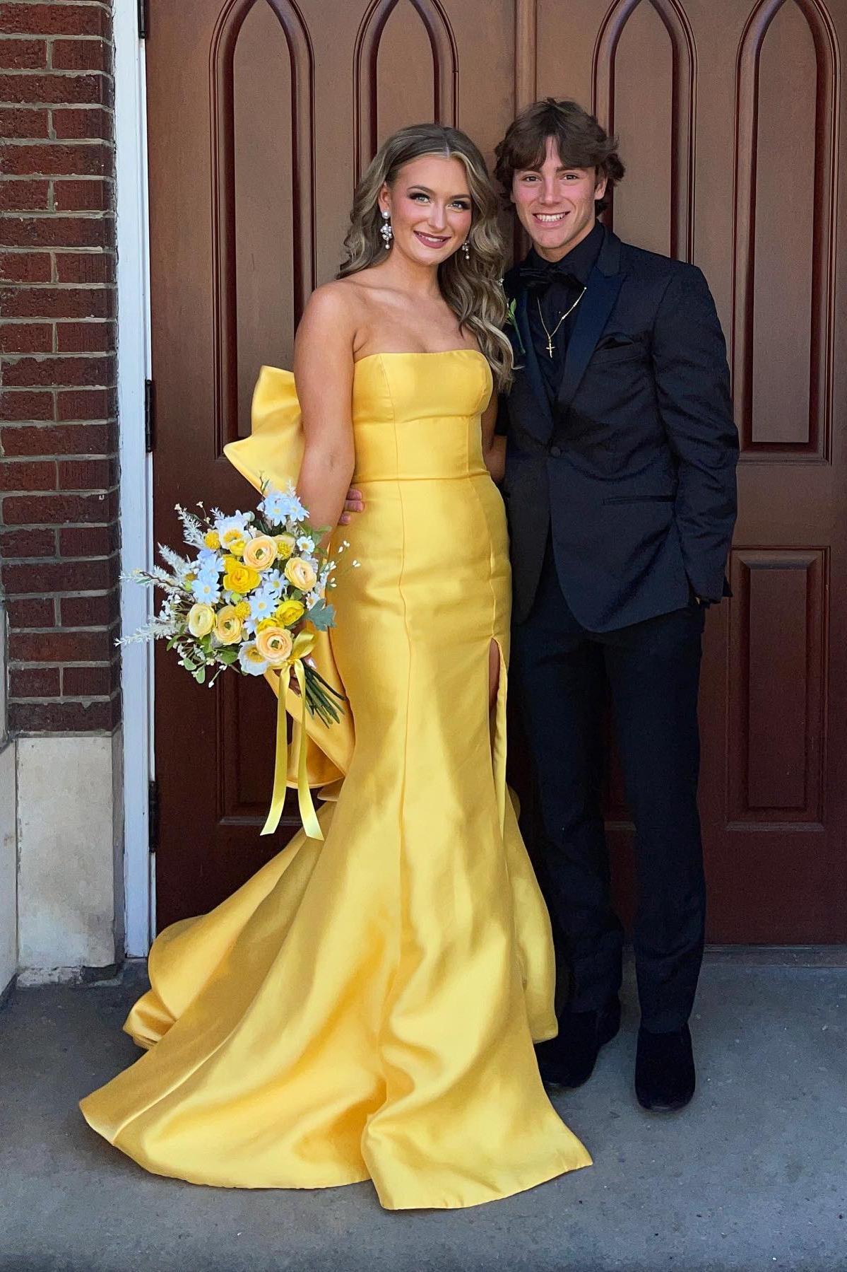 Strapless Yellow Mermaid Long Formal Dress with A Bow
