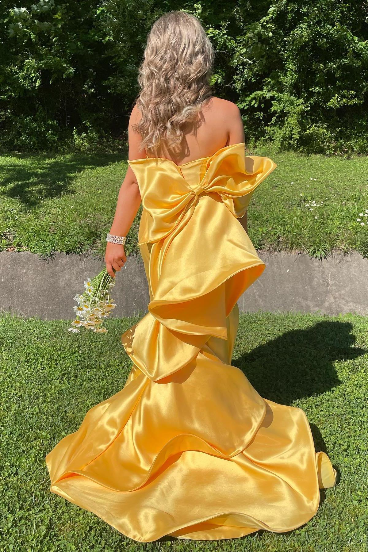 Strapless Yellow Mermaid Long Formal Dress with A Bow
